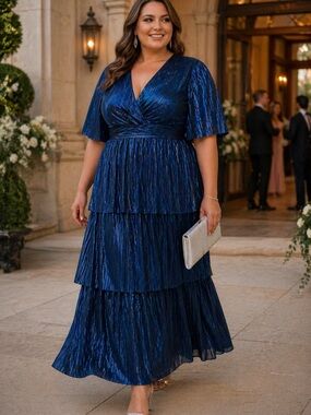 TJ Maxx Roseason Blue Metallic Tiered Maxi Dress Sz 14 formal